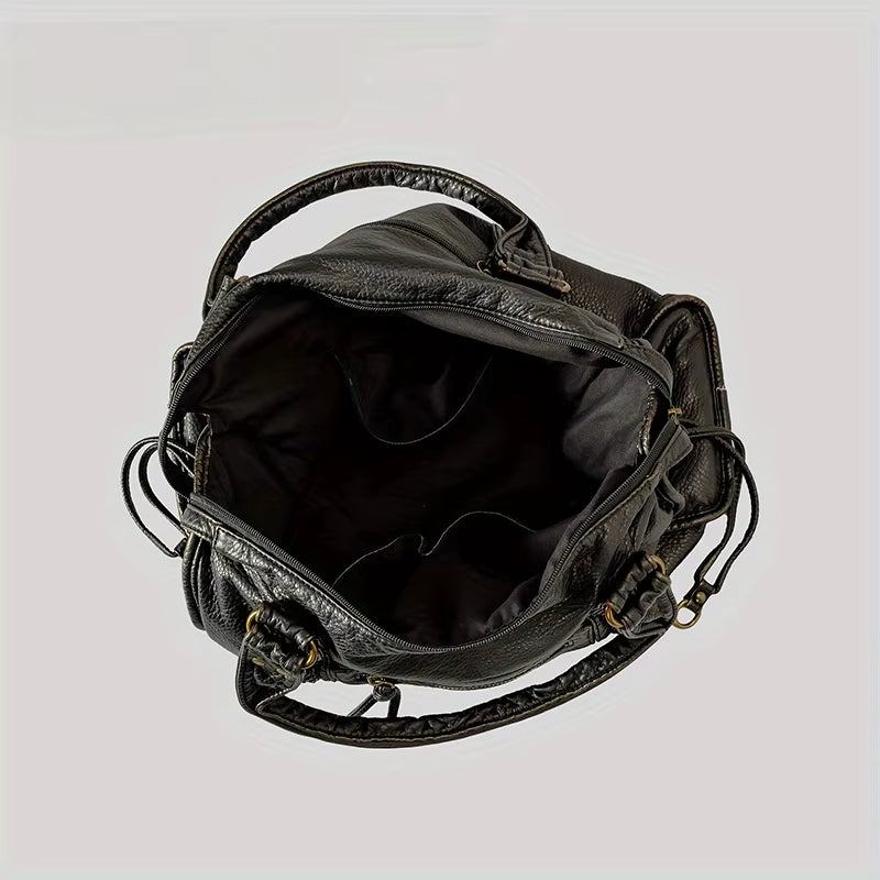 Women'S Fashion Vintage Washed Soft Leather Tote Bag Large Capacity Commuter Multi-Pocket Shoulder Messenger Bag