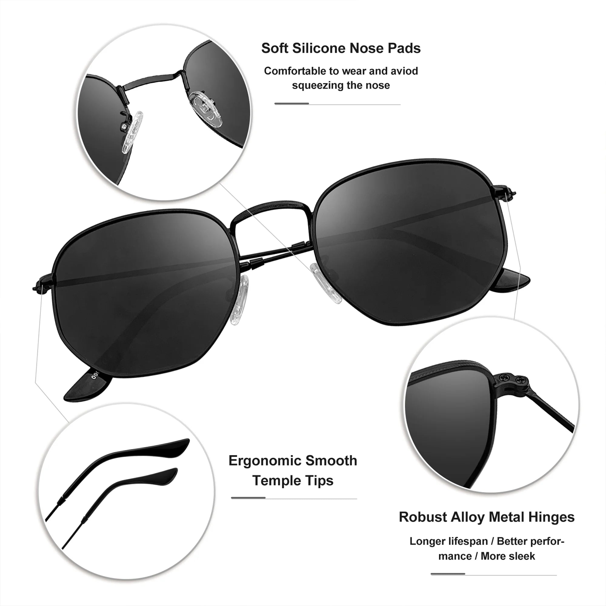 Polarized Hexagon Sunglasses for Women Men Polygon Square Sun Glasses UV400 Protection Metal Frame(Black Grey)